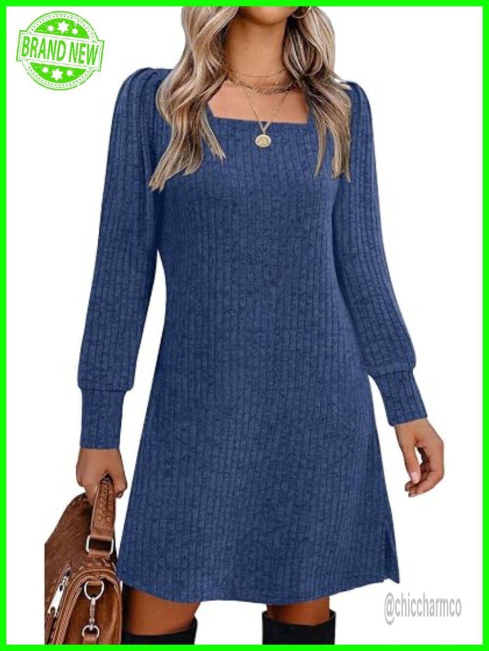 Ribbed Knit Long Sleeve Square Neck Sweater Dress with Pockets - Picture 1 of 7
